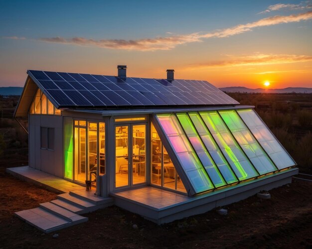 Foto ein haus mit einem solarpanel auf dem dach und der sonne, die sich dahinter legt