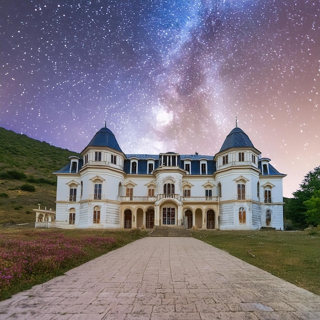 ein Haus mit einem Stern - wie der Himmel und ein Hügel mit einem Sternen - wie dem Himmel dahinter