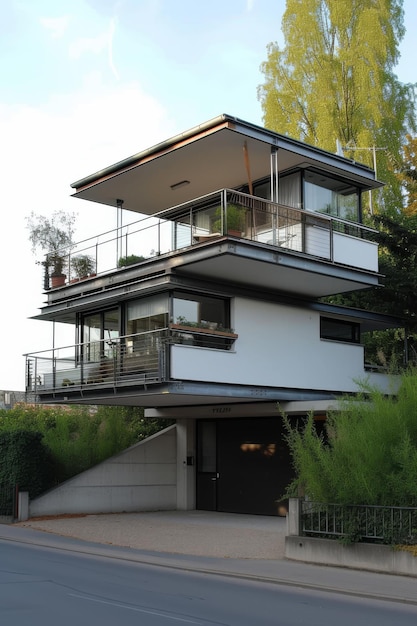 ein Haus mit einer angeschlossenen Garage mit Balkon oder Terrasse in der Garage