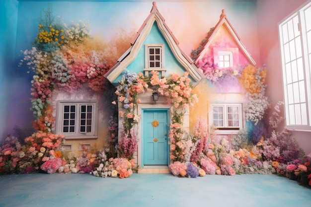 Ein Haus mit einer blauen Tür und einer rosa Tür