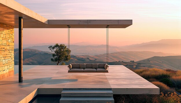 Foto ein haus mit einer couch auf einer terrasse mit blick auf ein bergtal