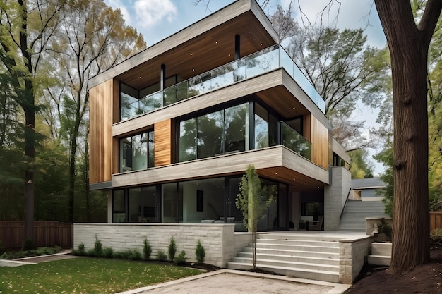 Ein Haus mit einer großen Veranda und einer Treppe mit Holzrahmen.