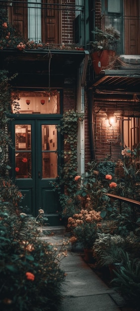 Ein Haus mit einer grünen Tür und einem Balkon mit einem Blumengarten davor.