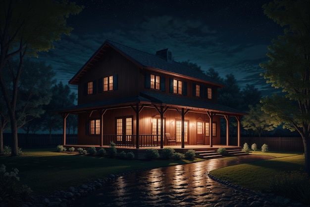 Ein Haus mit einer Veranda und einer Veranda mit Lichtern auf dem Dach