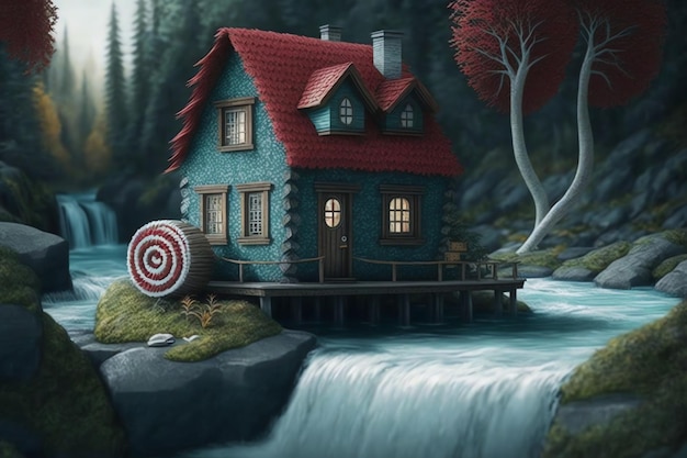 Ein Haus mit einer Zielscheibe mitten in einem Fluss