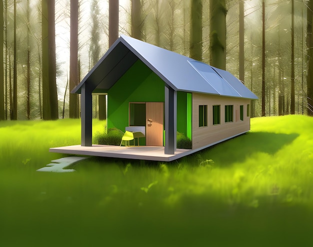 Ein Haus mit grünem Dach steht im Wald.