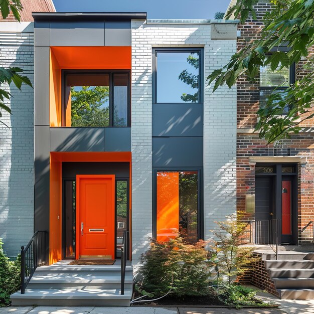 ein Haus mit orangefarbenen Türen und einer roten Tür