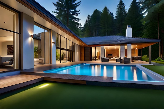 ein Haus mit Pool und einem Pool im Vordergrund