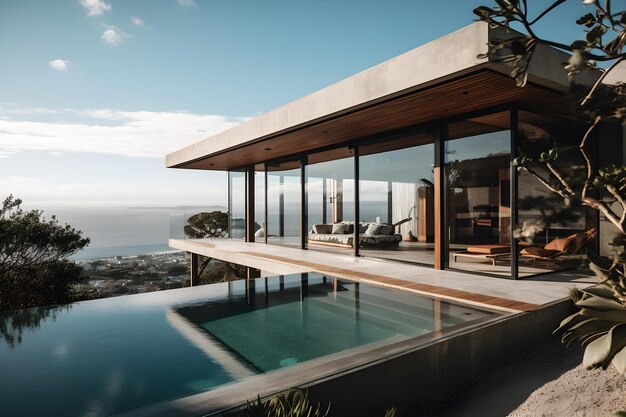 Ein Haus mit Pool und Meerblick.