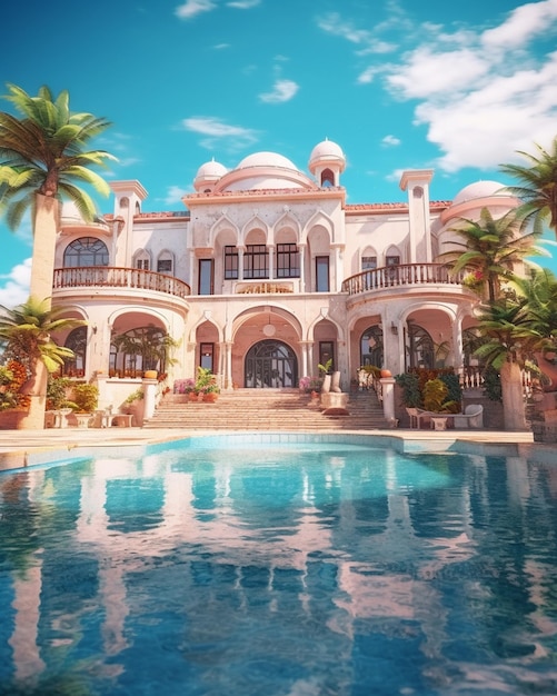 ein Haus mit Pool und Palmen