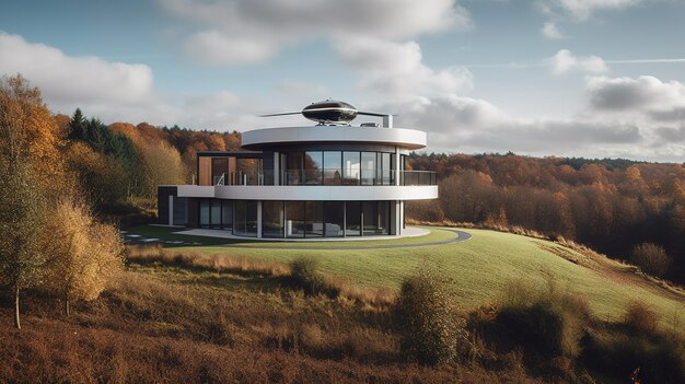 Ein Haus mit rundem Dach und einem großen runden Haus auf einem Hügel im Hintergrund