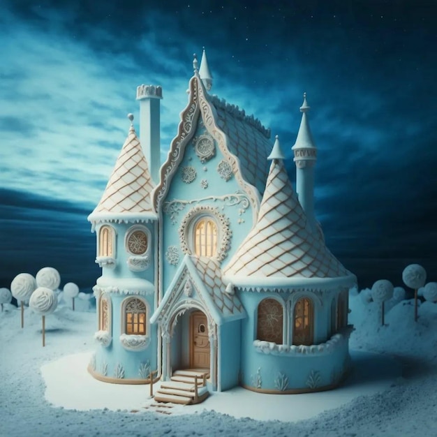 Ein Haus mit Schnee darauf und einem Schneemann auf der Unterseite.