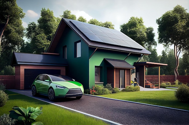 Ein Haus mit Sonnenkollektoren auf dem Dach und dem Elektroauto EV in der Nähe des Hauses Öko-Energiekonzept Generative KI