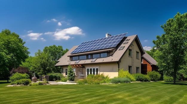 Ein Haus mit Sonnenkollektoren auf dem Dach