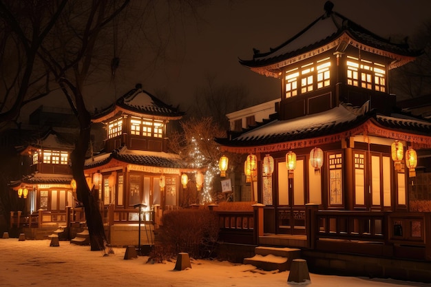 Ein Haus mit unzähligen Laternen und Lichtern, die eine festliche Stimmung in die kalte Winternacht bringen