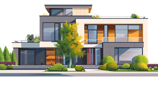 ein Haus mit vielen Fenstern und Bäumen