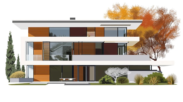 ein Haus mit vielen Fenstern und einem Baum auf der linken Seite