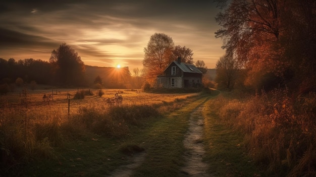 Ein Haus mitten auf einem Feld mit einem Sonnenuntergang im Hintergrund