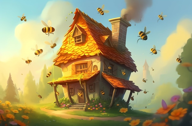 Ein Haus, um das Bienen herumfliegen