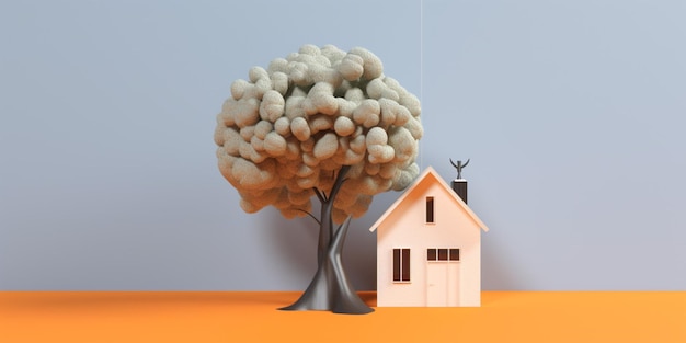 Ein Haus und ein Baum auf orangefarbenem Hintergrund