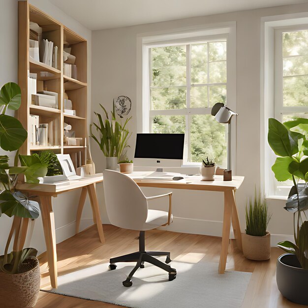 Foto ein hausbüro mit einem computer und einem fenster mit einer pflanze in der ecke