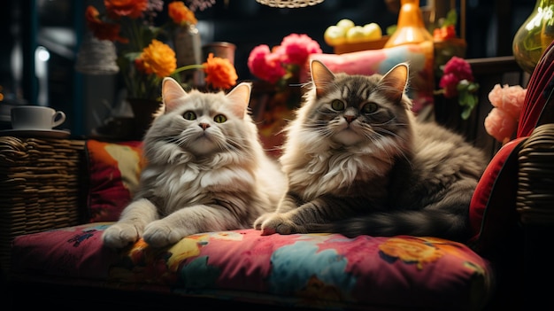 Ein haustierfreundliches Café mit Katzen, die auf der Couch Generative Ai faulenzen