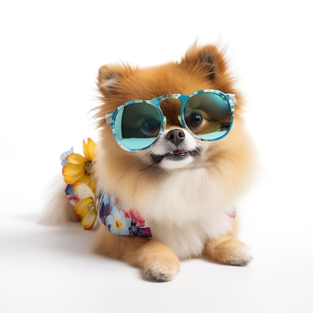 Ein hawaiianischer Hund mit Sonnenbrille und buntem Schal