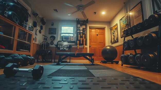 Ein Heim-Gymnasium mit einer Vielzahl von Geräten, darunter eine Bank, Hanteln, ein Yoga-Ball und eine Pullup-Bar