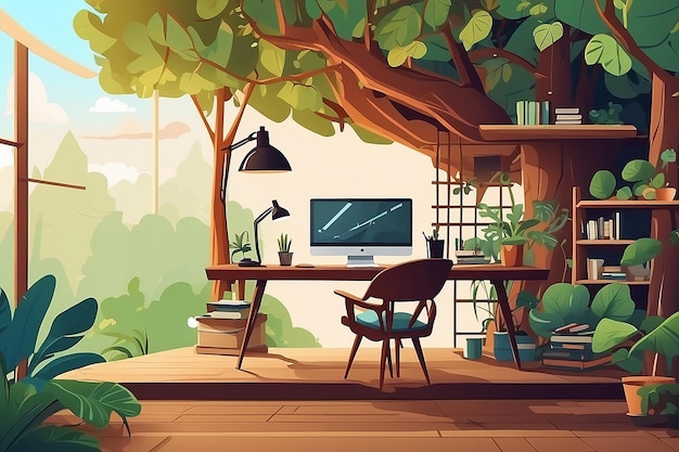 Ein Heimbüro in einem Baumhaus, das Natur und Technologie verbindetVektorillustration im flachen Stil