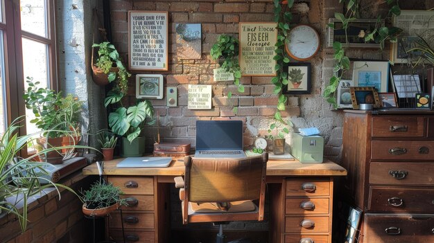 Foto ein heimbüro mit einem alten schreibtisch, grünen pflanzen und einer wand mit inspirierenden zitaten