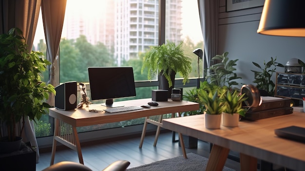 Ein Heimbüro mit einem großen Fenster und einem Computer auf dem Tisch.