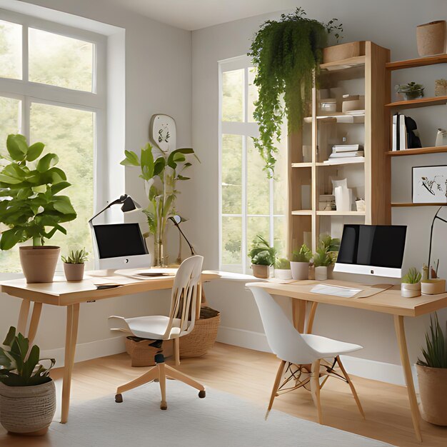 ein Heimbüro mit einem Schreibtisch, einem Laptop, einer Pflanze und einem Fenster