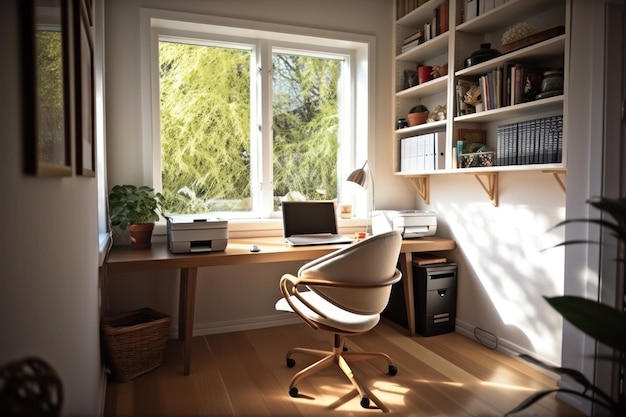 Ein Heimbüro mit einem Schreibtisch und einem Computer an der Wand.