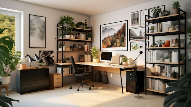 Ein Heimbüro mit einem schwarzen Schreibtisch und einem schwarzen Stuhl.