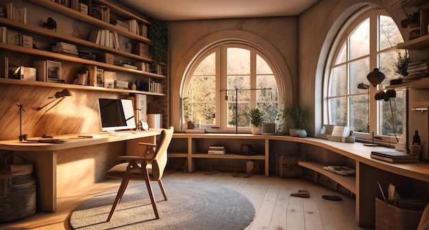 ein Heimbüro mit Schreibtisch, Bücherregalen, einem Fenster und einer Uhr