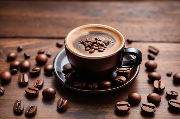 Ein heißer Espresso von oben mit braunen Kaffeesamen auf dem braunen Holztisch mit Kaffeetasse