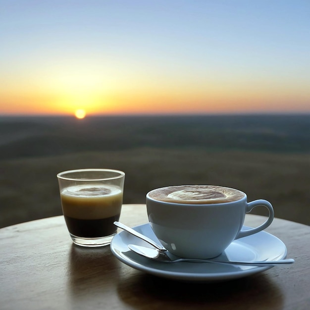 Foto ein heißer kaffee auf dem tisch vor dem hintergrund eines sonnenuntergangs