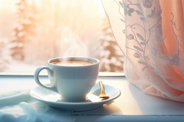 Ein heißer Kaffee mit Dampf am Fenster mit wunderschöner Winterszene Winter-Saison-Konzept AI generiert
