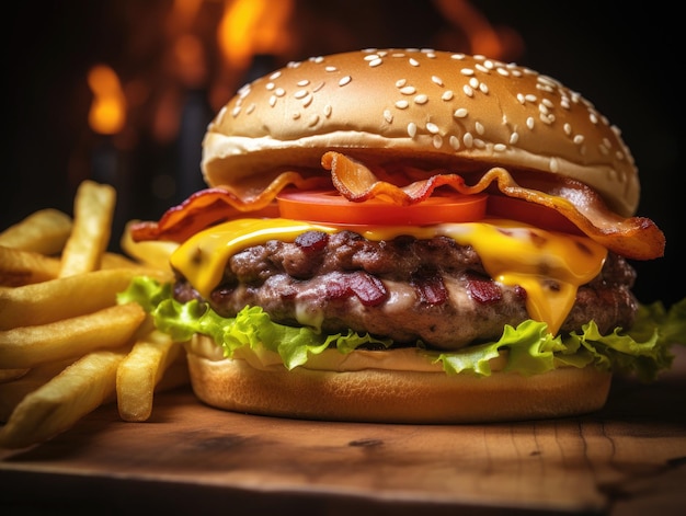 Ein heißer, saftiger Burger mit geschmolzenem Käse, knusprigem Speck, frischem Salat und frischen Tomaten