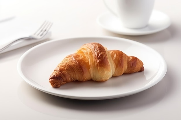 Ein heißes hausgemachtes Croissant auf einer weißen Untertasse