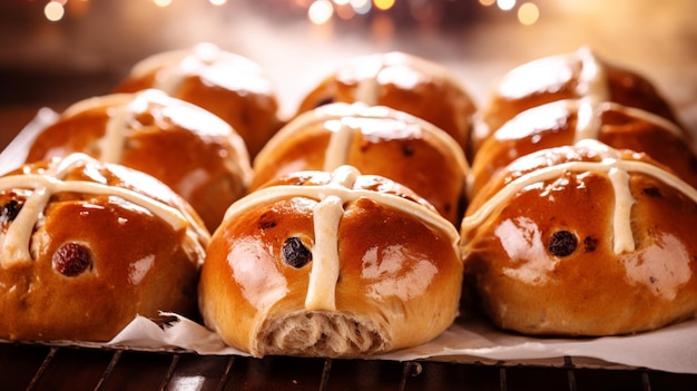 Ein heißes Kreuzbrötchen ein goldenbraunes, leicht gewürztes rundes Brötchen, das mit einem kreuzförmigen Glasur geschmückt ist