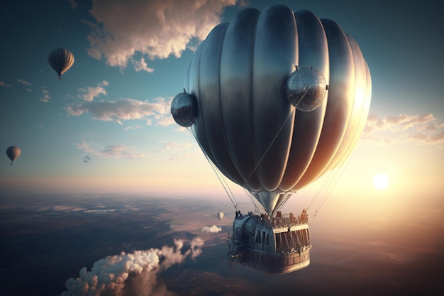 Ein Heißluftballon am Himmel, bei dem die Sonne durch die Wolken scheint.