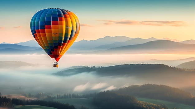 Ein Heißluftballon, der anmutig über einer ruhigen, friedlichen Landschaft schwebt, die in den Farben eines lebendigen Sonnenaufgangs bemalt ist