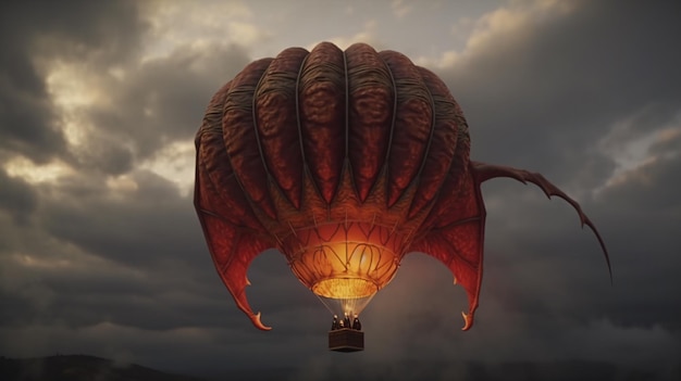 Ein Heißluftballon, der durch einen bewölkten Himmel fliegt