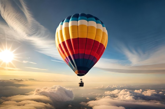 Ein Heißluftballon, der über den Wolken am Himmel fliegt