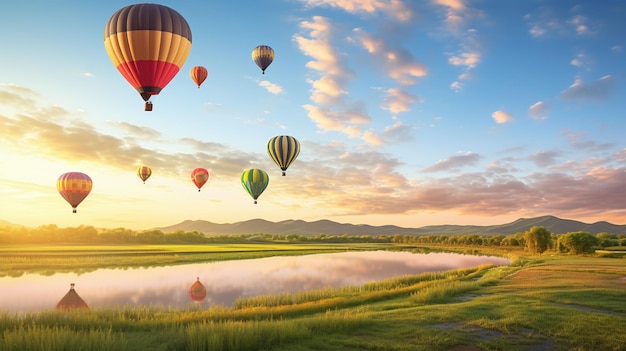 Ein Heißluftballon fliegt durch die Landschaft
