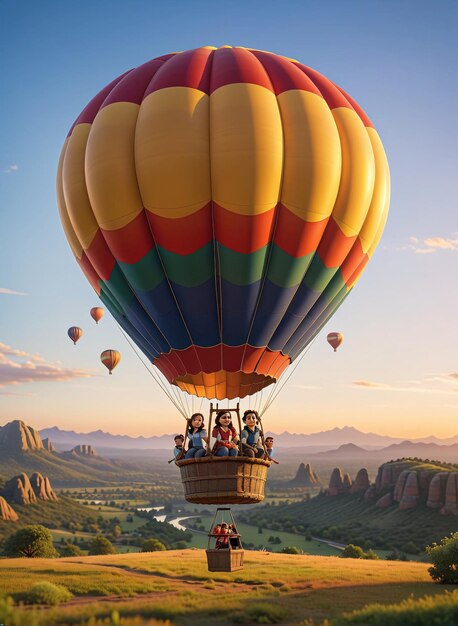 ein Heißluftballon fliegt über das Tal