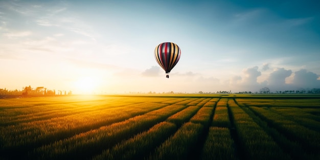 Ein Heißluftballon fliegt über ein Feld, im Hintergrund die untergehende Sonne.