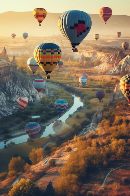 Ein Heißluftballon fliegt über einen Fluss und die Sonne scheint.