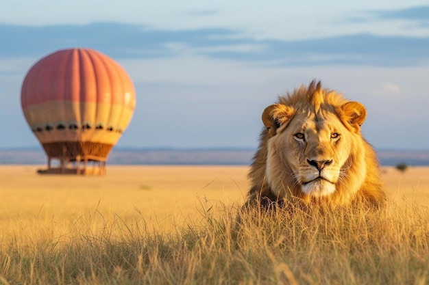 ein Heißluftballon fliegt über Masai Mara mit Löwen, die im Gras ruhen